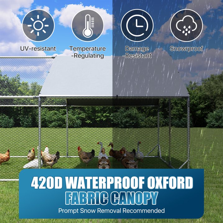 Sunmthink Heavy Duty Metal Chicken Coop Poultry Cage, Large Outdoor Yard Walk-in Enclosure with Waterproof Flat Roof Cover (9.8' L x 19.7' W x 6.4' H)