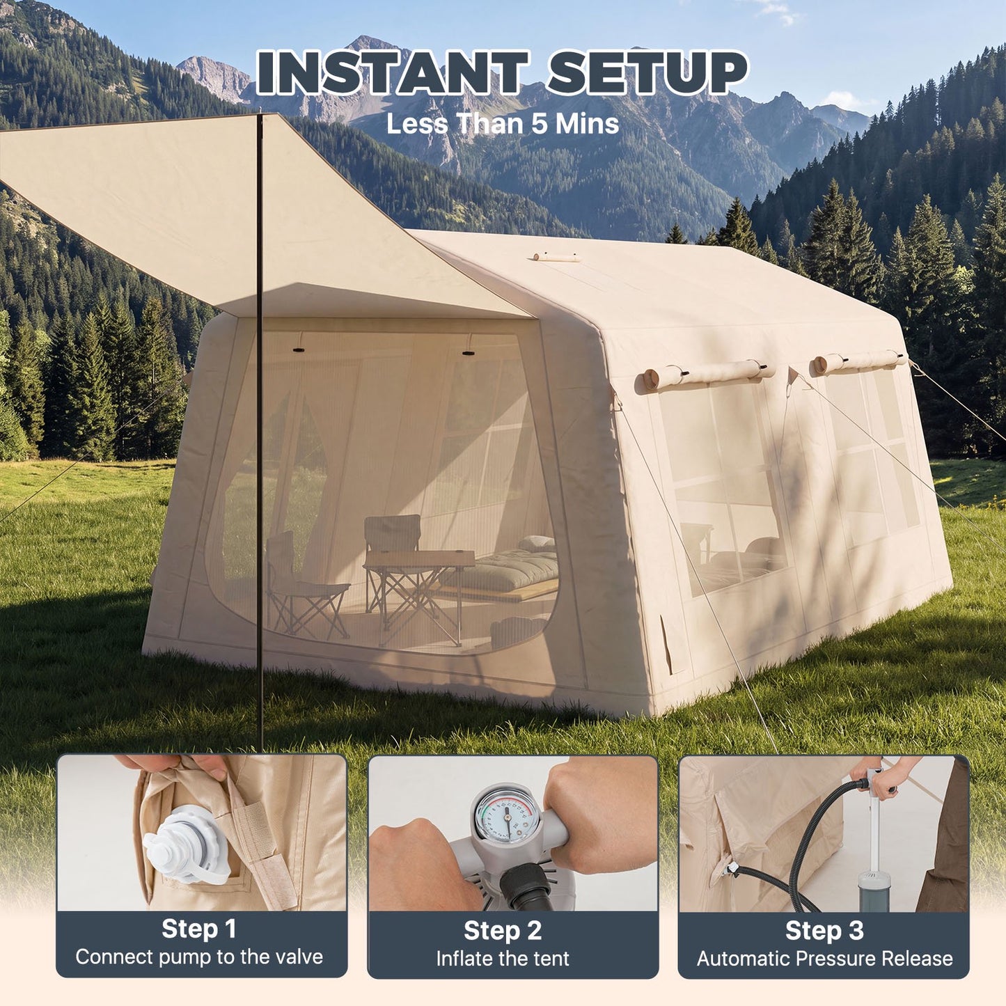 Clouddwell 8-10 Person Inflatable Camping Tent, Blow Up Family Glamping Tent with Skylight & Stove Jack, Waterproof 420D Oxford Air Tent with Hand Pump for Camping, Hiking & All-Season Use