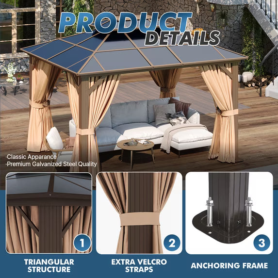 Sunmthink 10' x 12'Hardtop Gazebo,Polycarbonate Double Roof,Aluminum Frame with Curtains and Netting for Patio,Garden,Brown