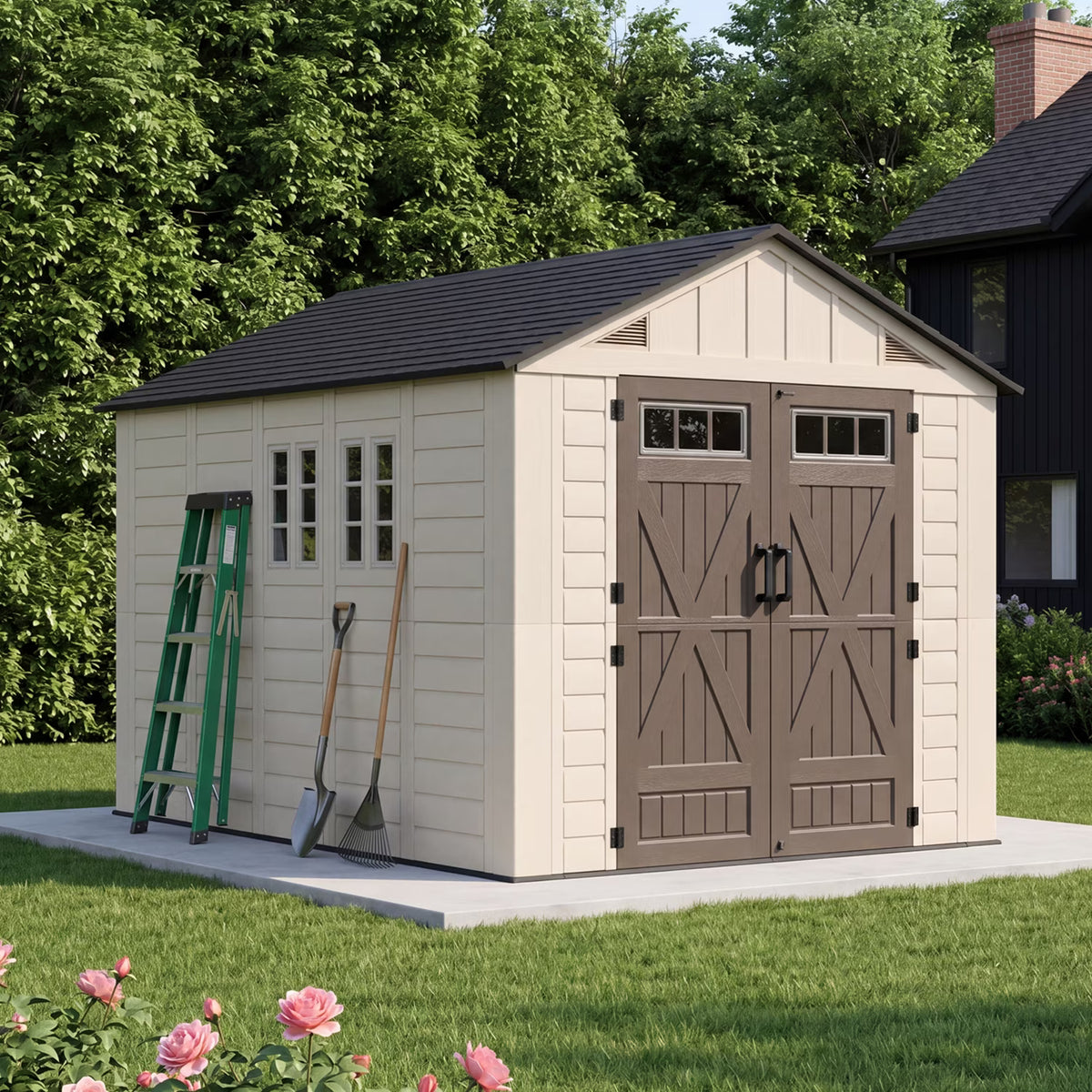 Clouddwell 8x12 FT Outdoor Storage Shed with Floor, HDPE Resin Garden Storage House with Double Doors, Windows & Ventilation, Heavy Duty Backyard Tool Shed for Lawn Equipment and Garden Supplies