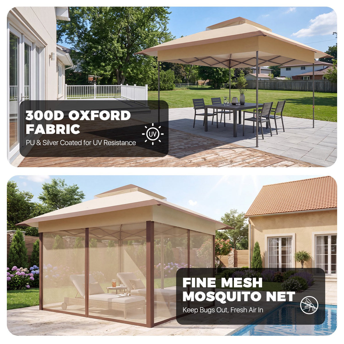 Dateyes 13x13 FT Pop Up Gazebo, Outdoor Gazebo Canopy with Mosquito Netting, 3 Adjustable Heights, Portable Patio Gazebo Tent for Backyard, Patio, Brown