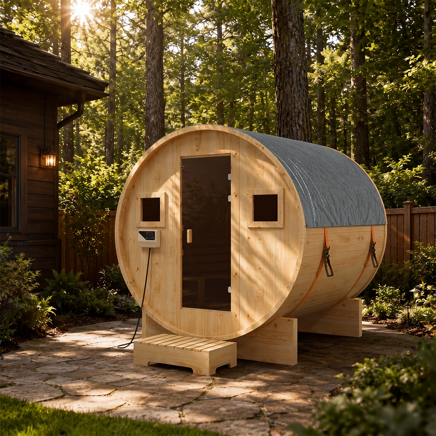 Clouddwell 4-6 Person Wood Sauna, Traditional Barrel Sauna with with 220V with 6KW Electric Heater, Steam and Wet Sauna