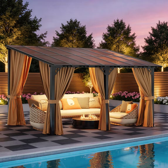 LazySunsets 10x14 FT Wall-Mounted Aluminum Gazebo Polycarbonate Roof with Full Mosquito Netting & Privacy Curtains