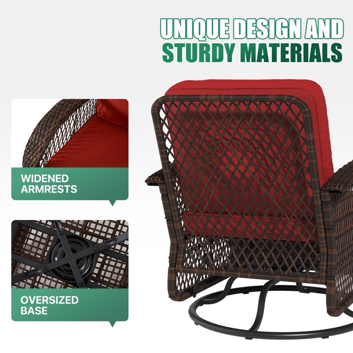 3 Piece Patio Furniture Set Swivel Outdoor Chair Wicker Rattan Patio Conversation Set Outdoor Sectional Sofa Set with Coffee Table and Red Cushions