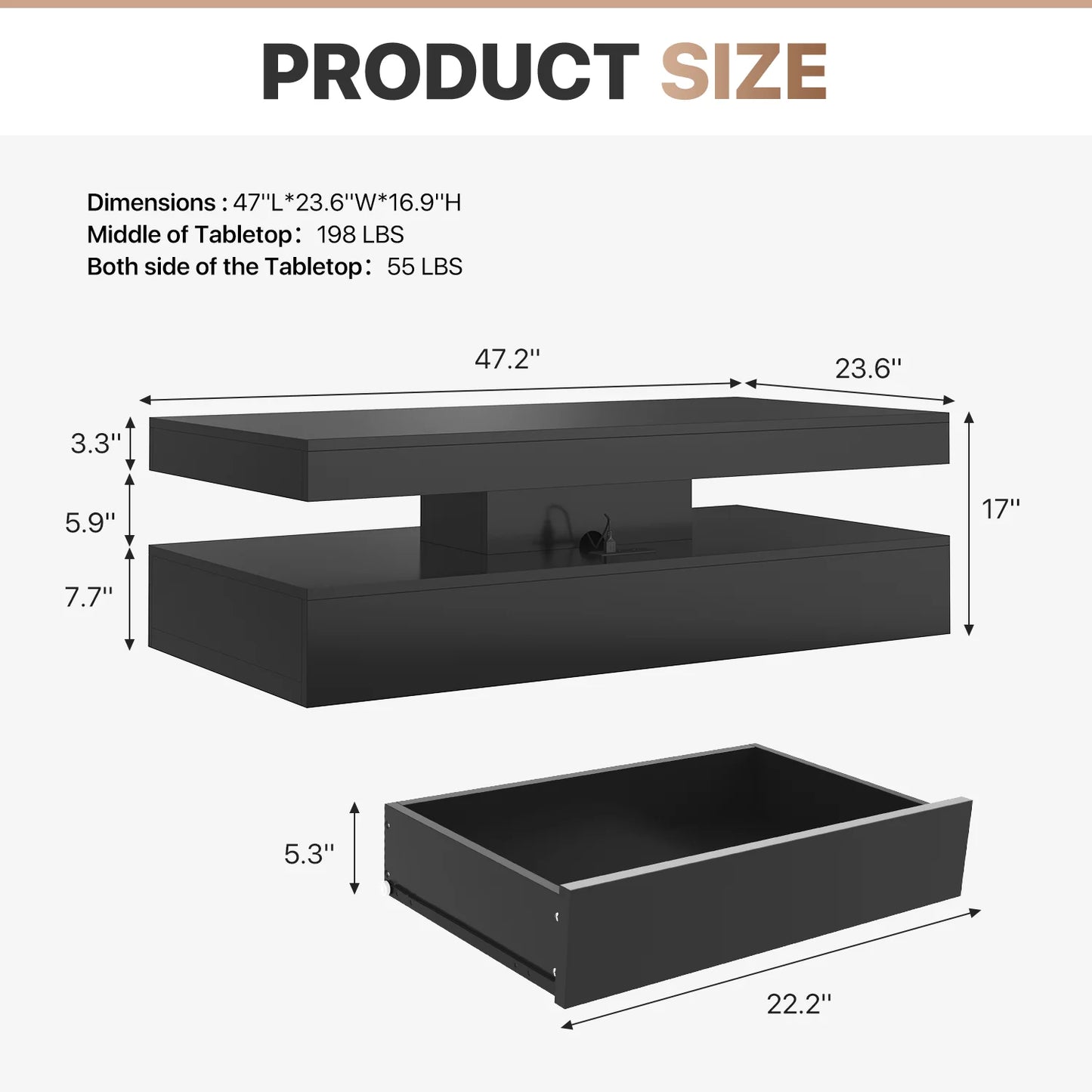 Sonegra 47" High-Glossy LED Coffee Table, Storage Coffee Table with 2 Sliding Drawers for Living Room, Modern Stylish Double-Layer Center Tables with LED Lights, Black