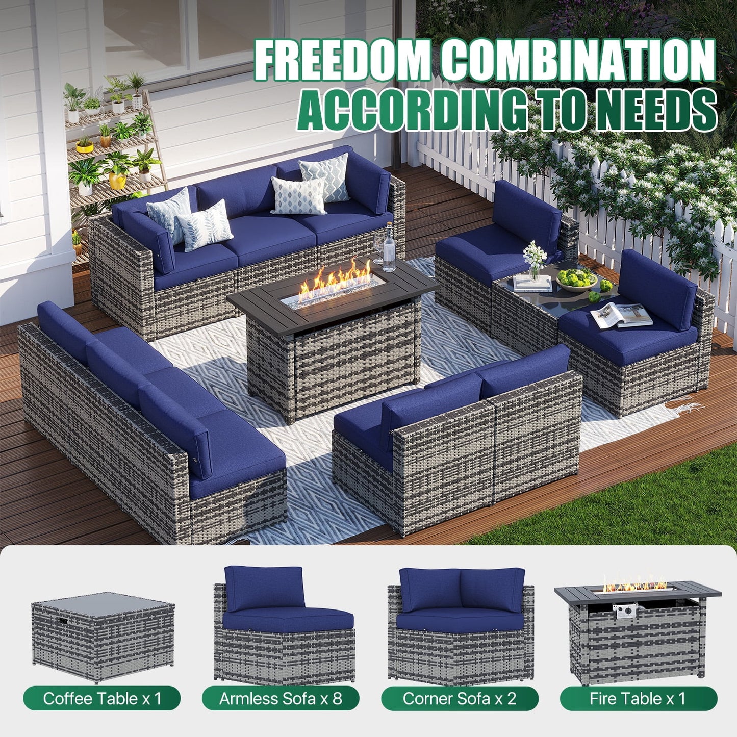 Clouddwell 12 Piece Patio Furniture Set with 44” Fire Pit Table Wicker Rattan Patio Conversation Set Outdoor Sectional Sofa Set with Coffee Table and Blue Cushions(Waterproof Cover Included)