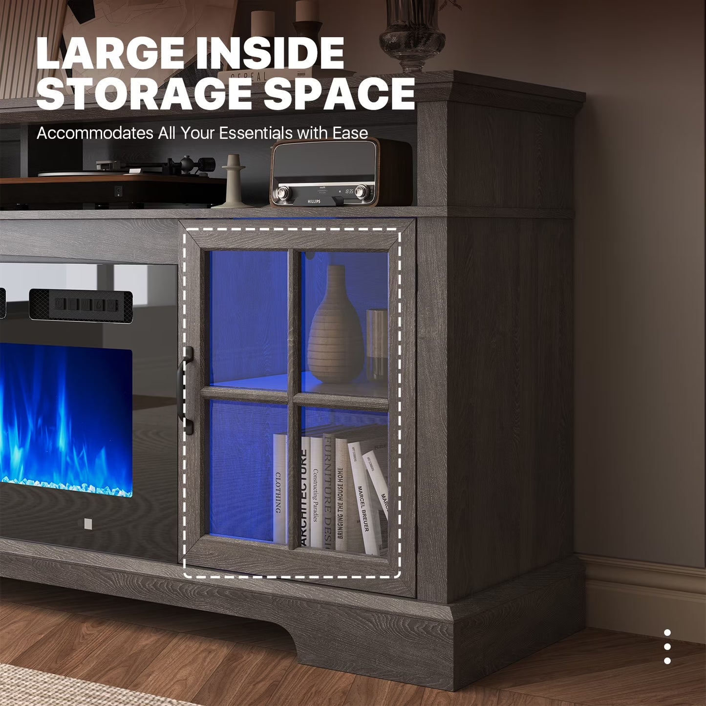 Sonegra Fireplace TV Stand, Farmhouse Entertainment Center for TVs Up to 82”, TV Console with Storage Cabinets, Media Console for Living Room, Gray