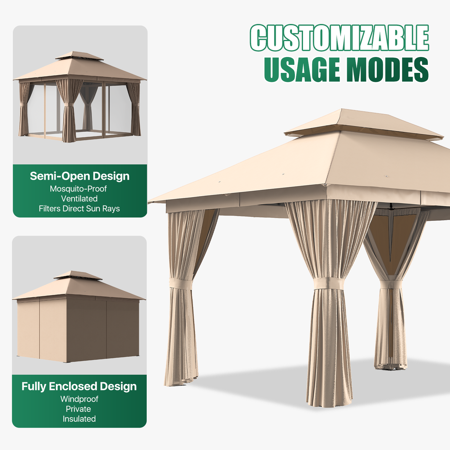 Clouddwell 10'x12' Patio Gazebo Double Roof Protection All-Weather Outdoor Shelter Features Insect Screens & Privacy Curtains Ideal for Backyard, Lawn, (Beige)