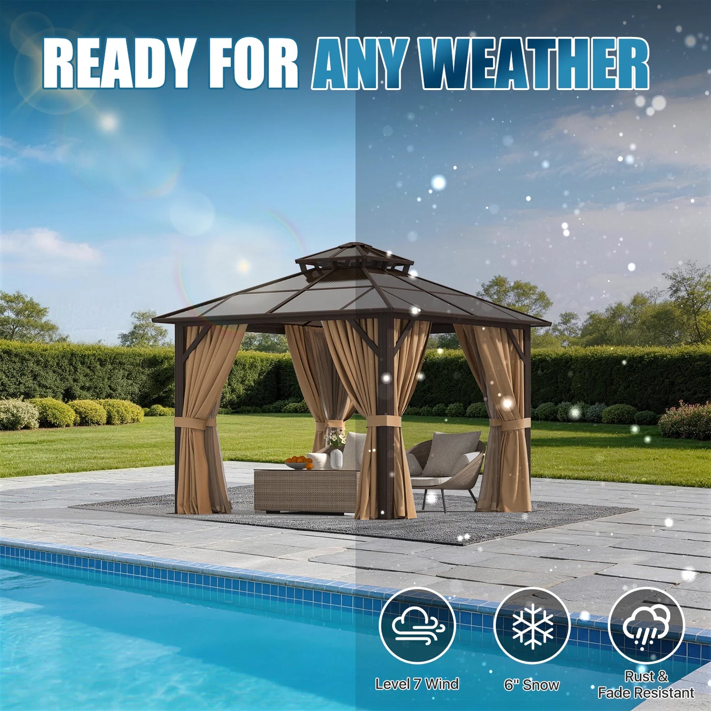 Sunmthink 10' x 10' Hardtop Gazebo,Polycarbonate Double Roof,Aluminum Frame with Curtains and Netting for Patio,Garden,Brown