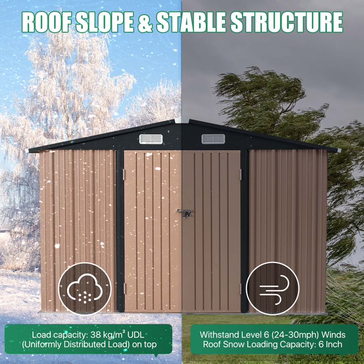 Clouddwell 10x12 ft. Outdoor Storage Shed with Base, Brown Metal Garden Shed with Double Lockable Doors for Backyard, Patio