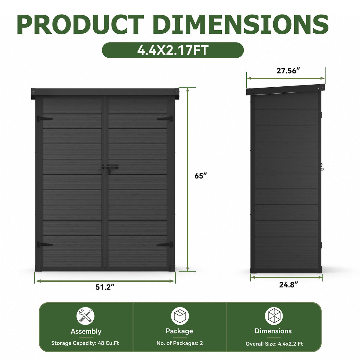 Dateyes 4.4X2.2 FT Resin Outdoor Storage Shed, 48 Cu.ft Waterproof Plastic Storage Sheds with Floor, Weather-Resistant Vertical Outdoor Storage Cabinet with Lockable Doors, Black