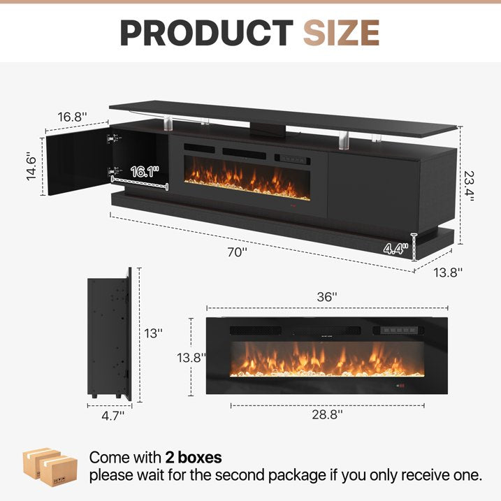 Sonegra Modern Fireplace TV Stand for TVs Up to 80" with Music Sync LED, 70" Entertainment Center with Electric Fireplace, TV Console with Storage Cabinets for Living Room, Black