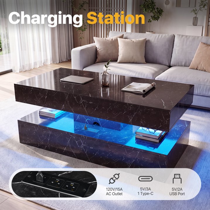 Sonegra 47" High-Glossy LED Lift Top Coffee Table with 2 Sliding Drawers, Large Open Storage Space & Ambient LED Lighting, Modern Double-Layer Livingroom Table, Marble Black