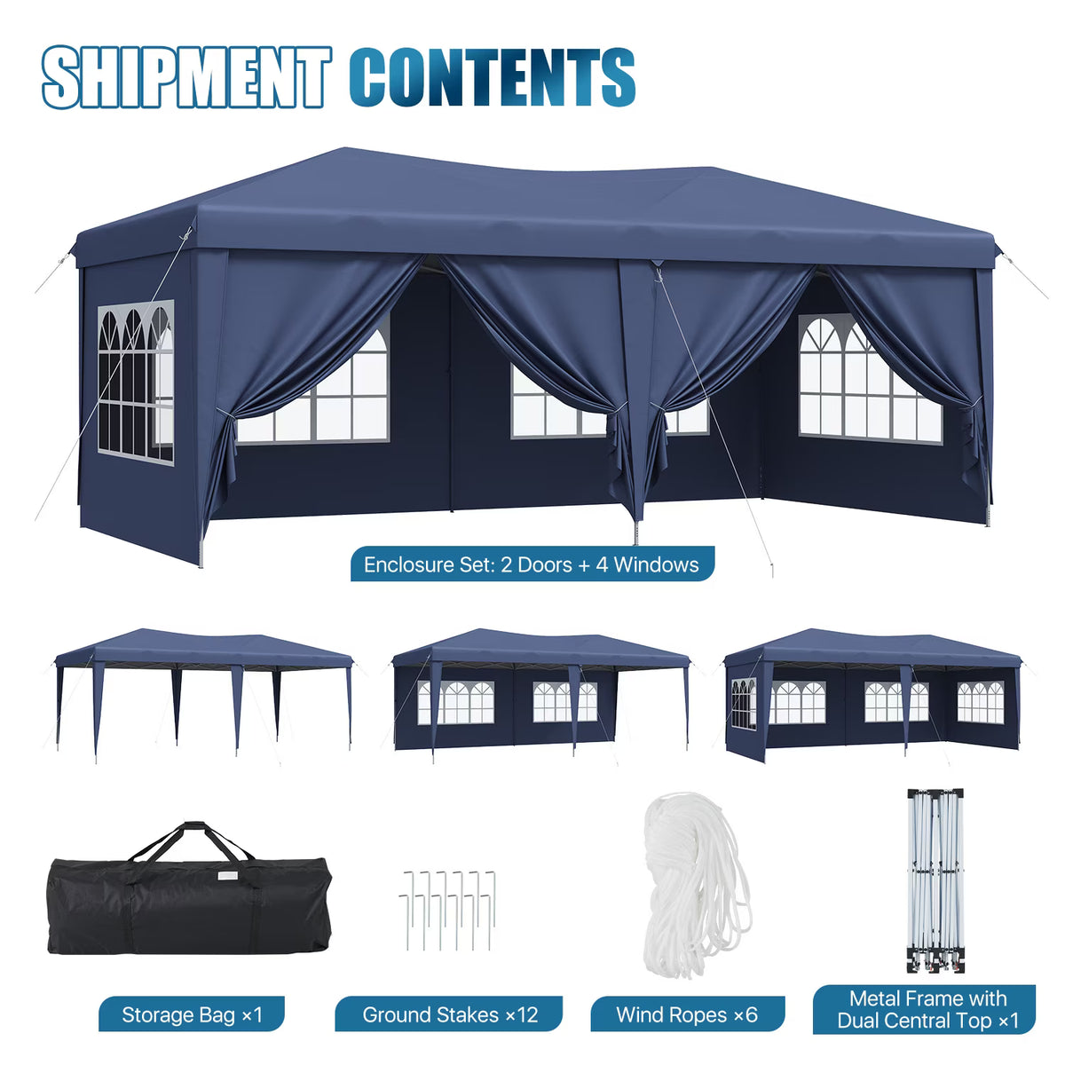 Dateyes 10x20 Pop Up Canopy Tent, Waterproof Party Tent with 6 Removable Sidewalls, 3-Level Height Adjustable Event Tent, Instant Shelter for Wedding, Party, Commercial & Market Events,Blue