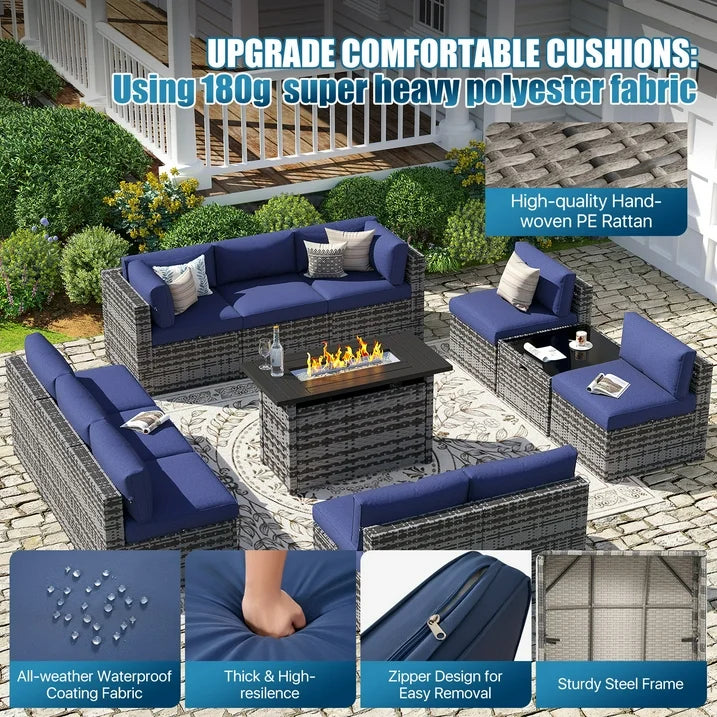 Sunmthink Patio Furniture Sets, 12-Piece Outdoor Patio Furniture with 44'' Propane Gas Firepit Table, Wicker Outdoor Conversation Set and Waterproof Cover for Backyard, Poolside, Garden