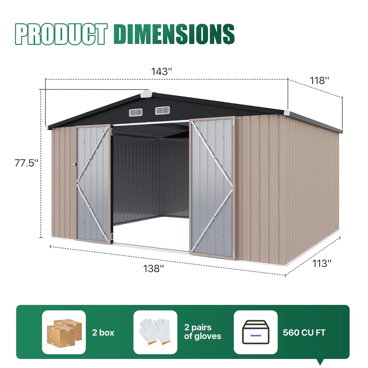 Clouddwell 12x10 ft. Metal Storage Shed, Waterproof Steel Garden Shed with Lock, Brown