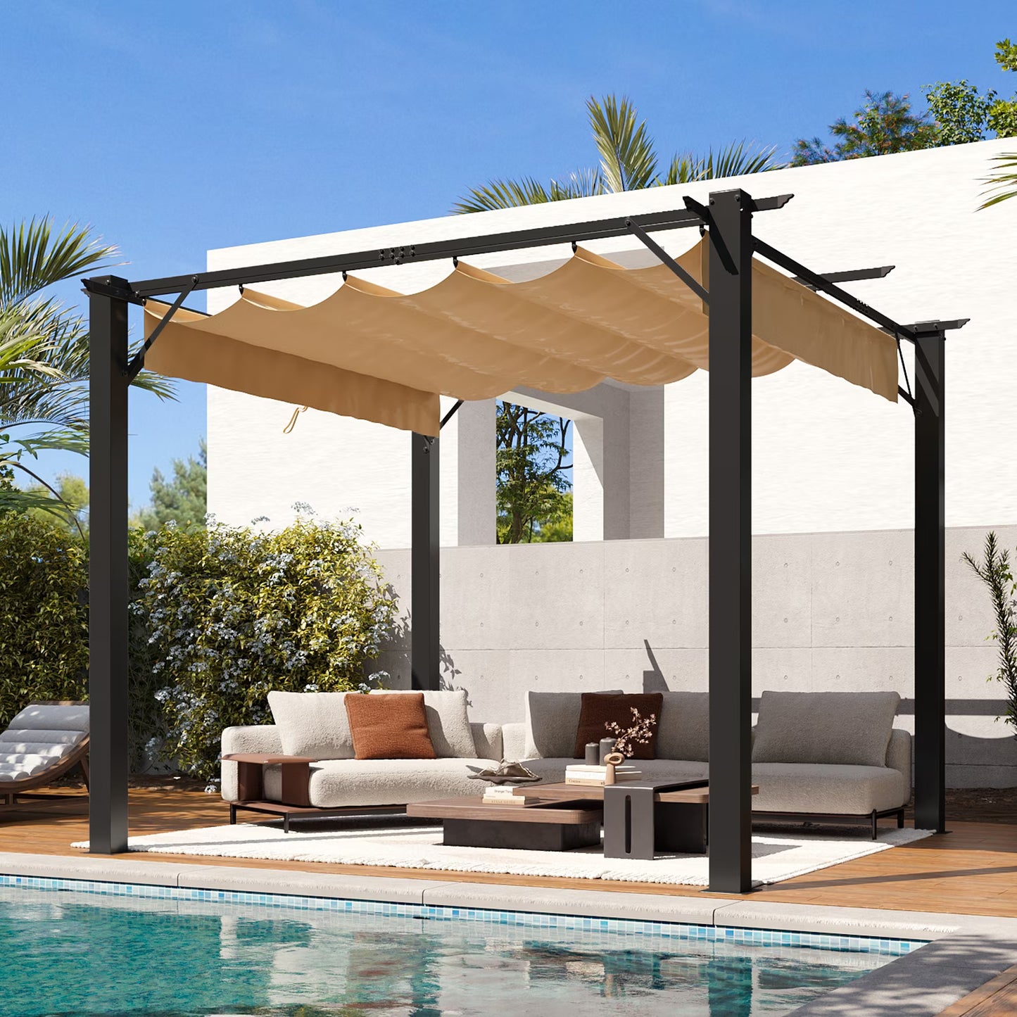 Aoxun 10'x12' Outdoor Retractable Pergola, with Sun-Proof Canopy, Patio Metal Pergolas Gazebos for Backyards, Gardens, Patios, Beige