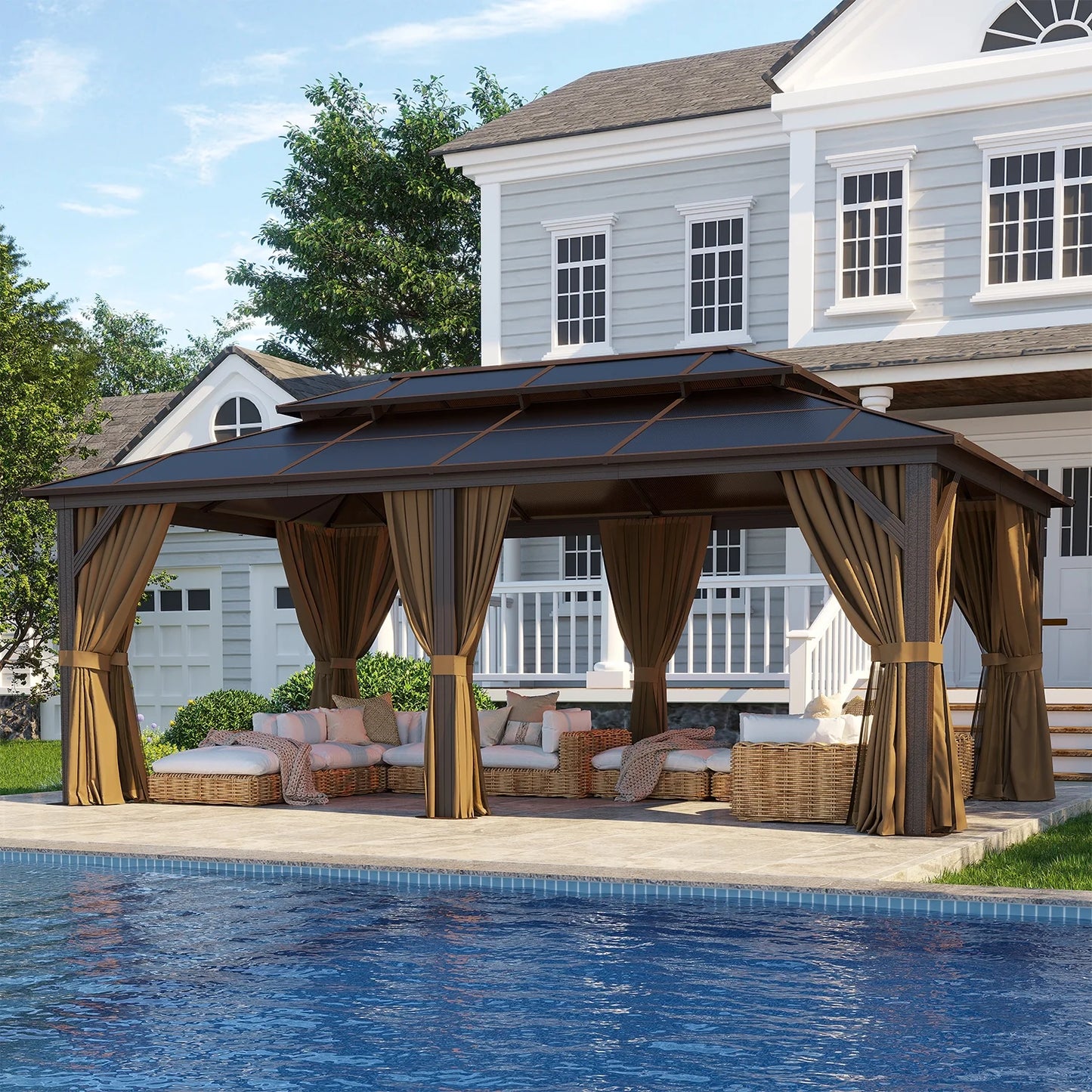 Clouddwell 12'x20' Hardtop Gazebo - Polycarbonate Double Roof with Netting & Curtains for Patio, Garden Sun Protection,Browm