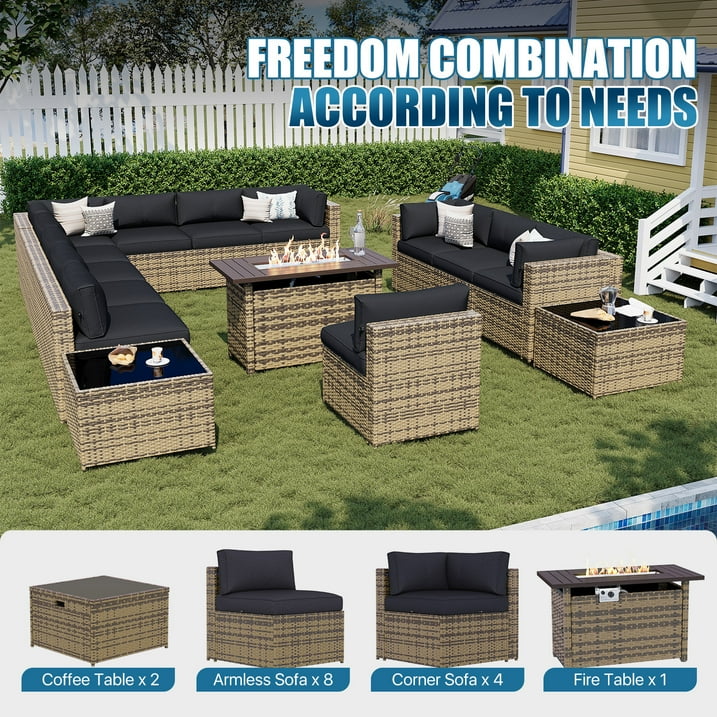 Sunmthink Patio Furniture Sets, 15-Piece Outdoor Patio Furniture with 44'' Propane Gas Firepit Table, Wicker Outdoor Conversation Set and Waterproof Cover for Backyard, Poolside, Garden