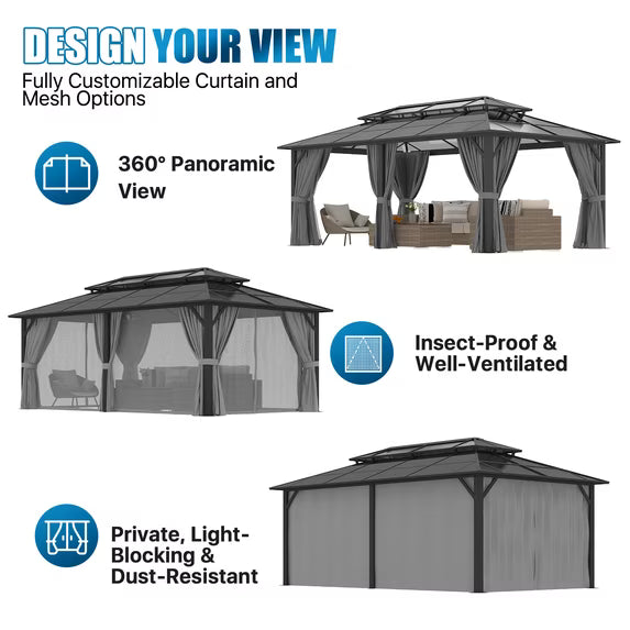 Sunmthink 12' x 20' Hardtop Gazebo,Polycarbonate Double Roof,Aluminum Frame with Curtains and Netting for Patio,Garden,Gray