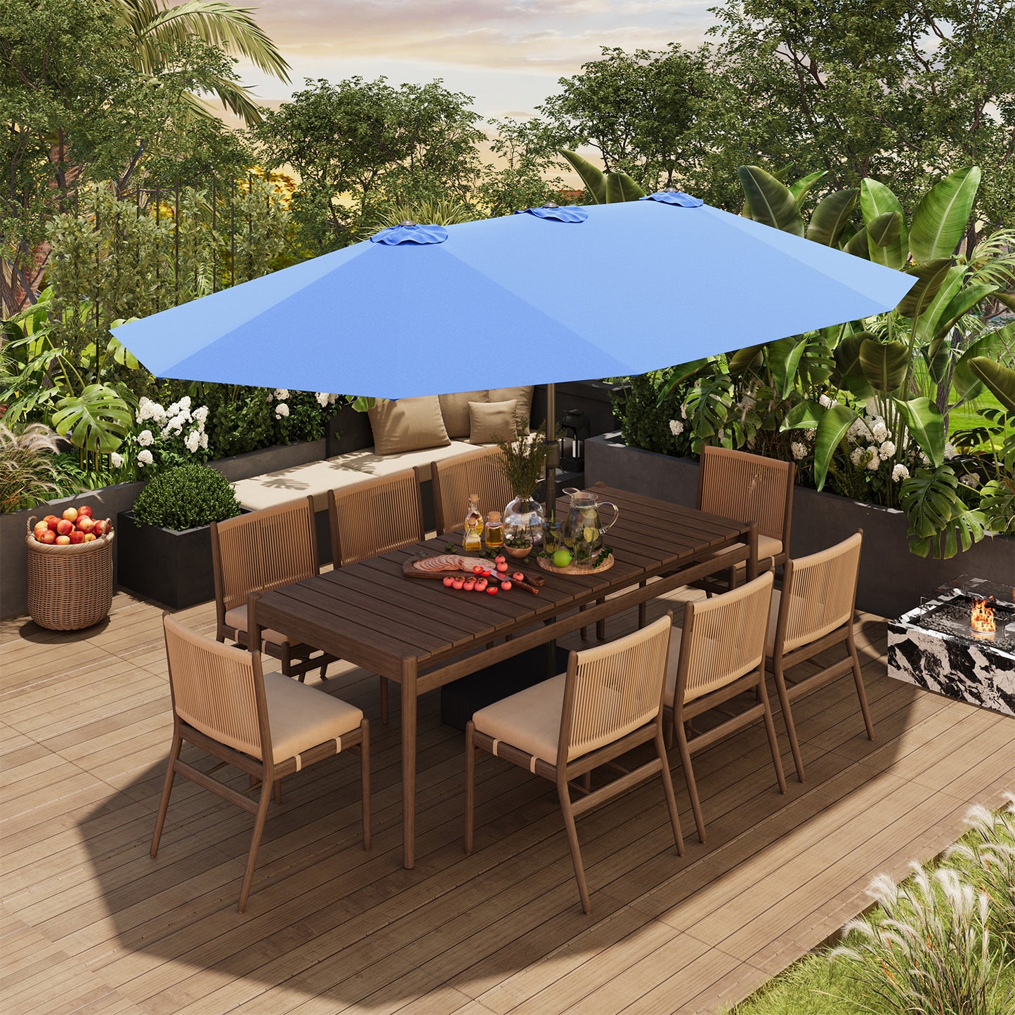 Clouddwell 15ft Patio Umbrella with Base Included, Outdoor Double-Sided Rectangular Umbrella with Light for Pool, Deck, Lawn, Backyard & Beach, Blue