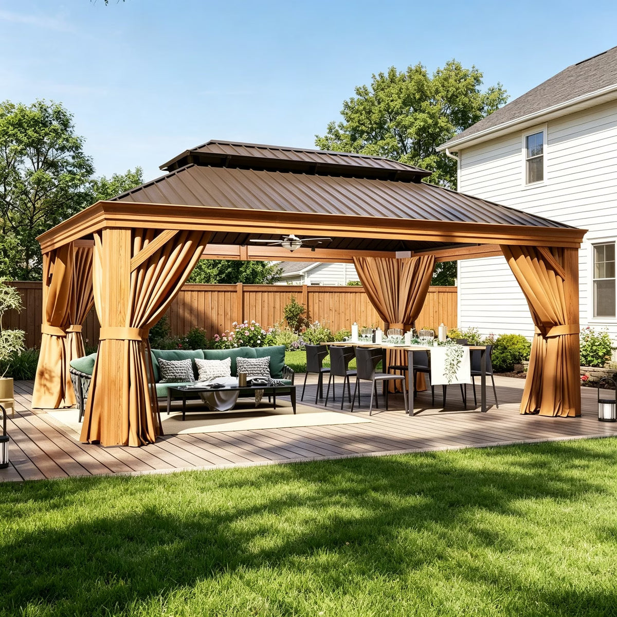 Clouddwell 12' x 16' Hardtop Gazebo, Aluminum Outdoor Gazebo with Galvanized Steel Double Roof, Hidden Gutter System, Privacy Curtains & Mosquito Netting