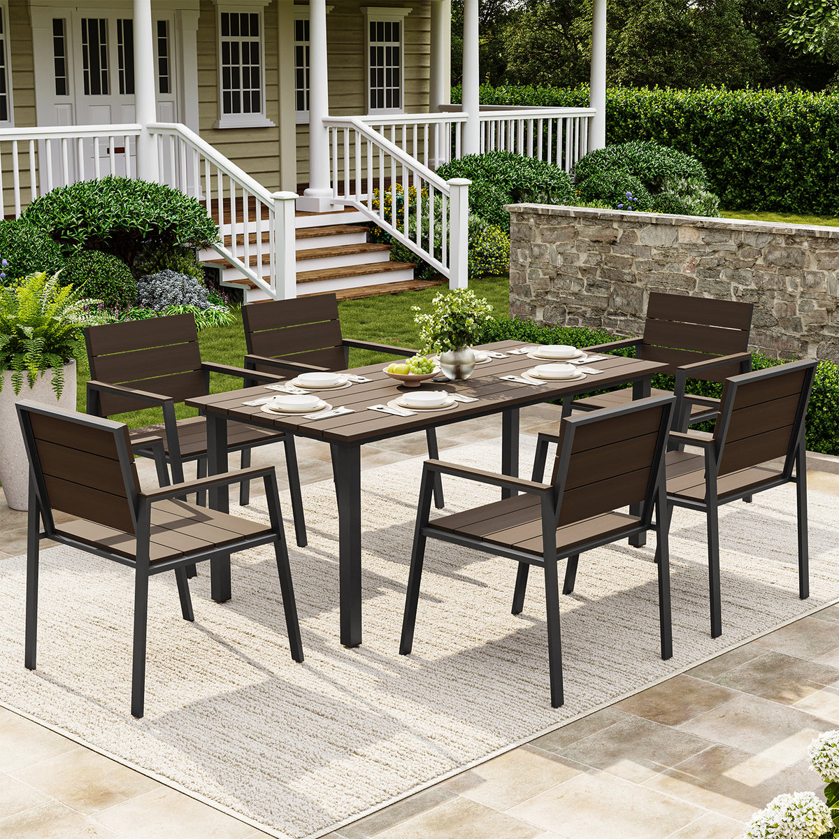 LazySunsets 7-Piece Outdoor Dining Set, Rectangular Patio Table & 6 Arm Chairs, Aluminum Frame Outdoor Furniture for Backyard Deck Garden, Chocolate Brown