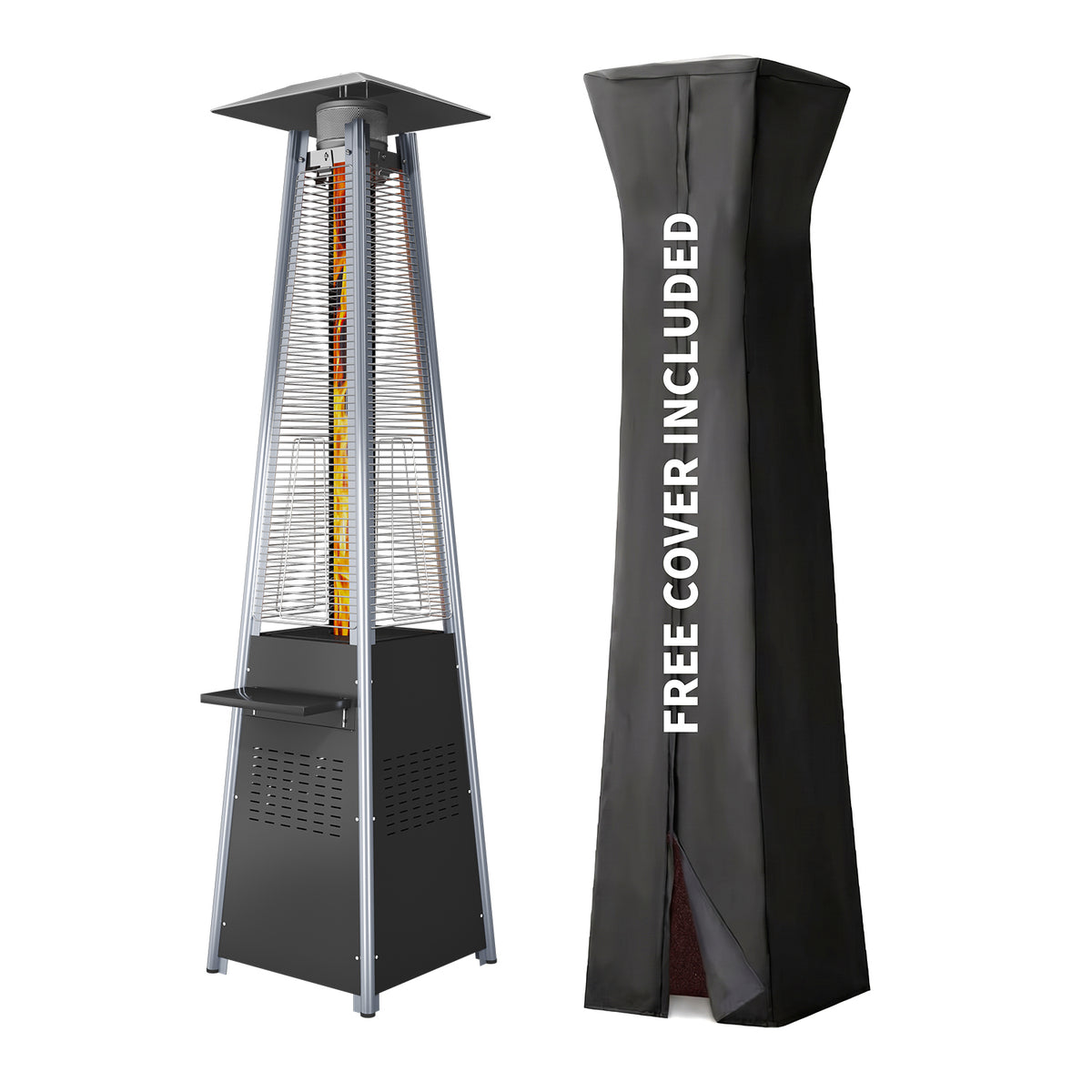 LazySunsets 87 Inch Outdoor Tower Propane Heater, 48000 BTU Black Pyramid Patio Heater with Detachable Tabletop, Safety Guard & Moving Wheels, Auto Safety Shutoff