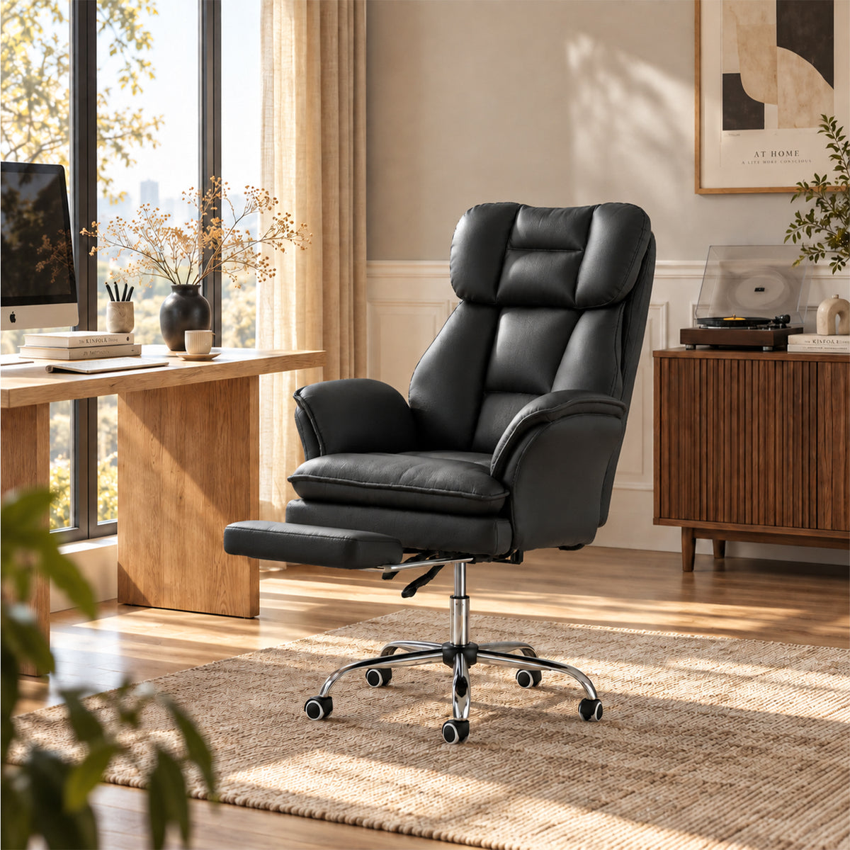 Dateyes Leather High Back Executive Office Chair with Retractable Footrest, Adjustable Reclining Swivel Desk Chair for Home Office, Black
