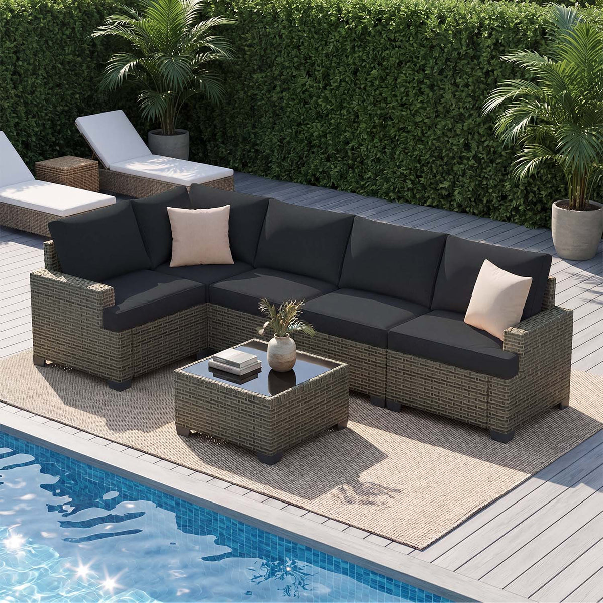 Clouddwell 6 Pieces Outdoor Patio Furniture Set, Rattan Wicker Sectional Chairs Sets with Table, Black