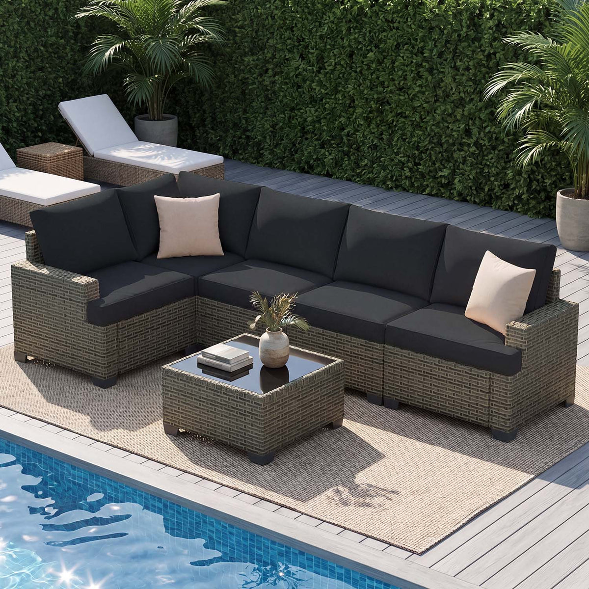 Clouddwell 6 Pieces Outdoor Patio Furniture Set, Rattan Wicker Sectional Chairs Sets with Table, Black