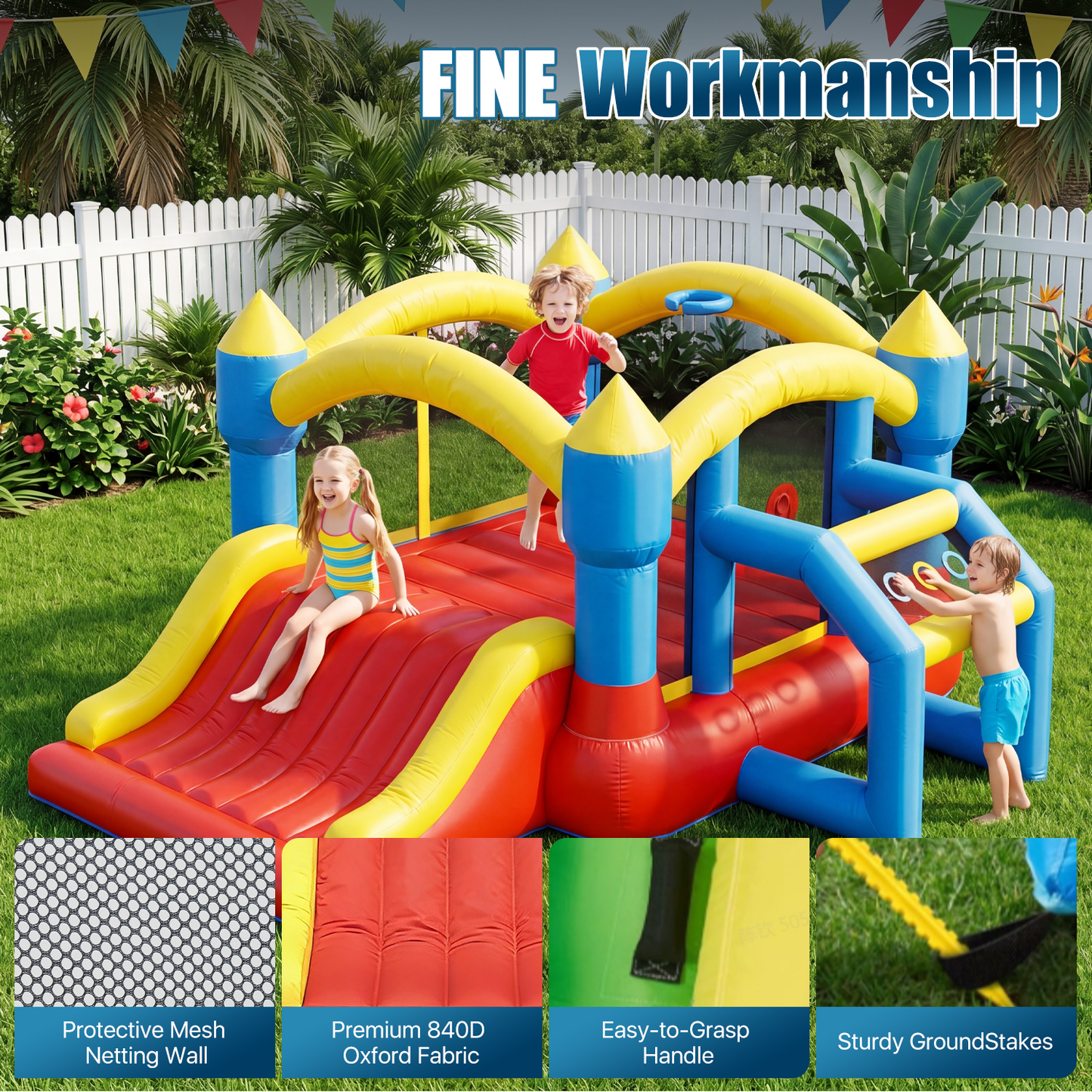 Dateyes 11x12 FT Inflatable Bounce House, Bouncy Castle Jumper with Slide, Basketball Hoop, Jumping Area for Outdoor Summer Fun, Indoor/Outdoor