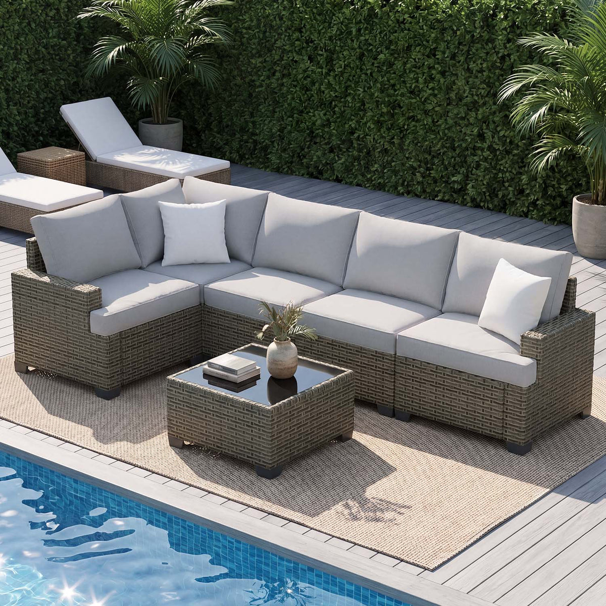 Clouddwell 6 Pieces Outdoor Patio Furniture Set, Rattan Wicker Sectional Chairs Sets with Table, Light Gray