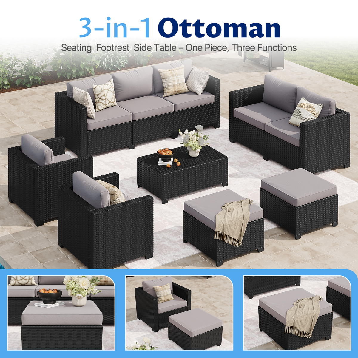 LazySunsets 7 Piece Outdoor Furniture Set, Rattan Wicker Outdoor Conversation Set Patio Furniture, Light Gray/Black