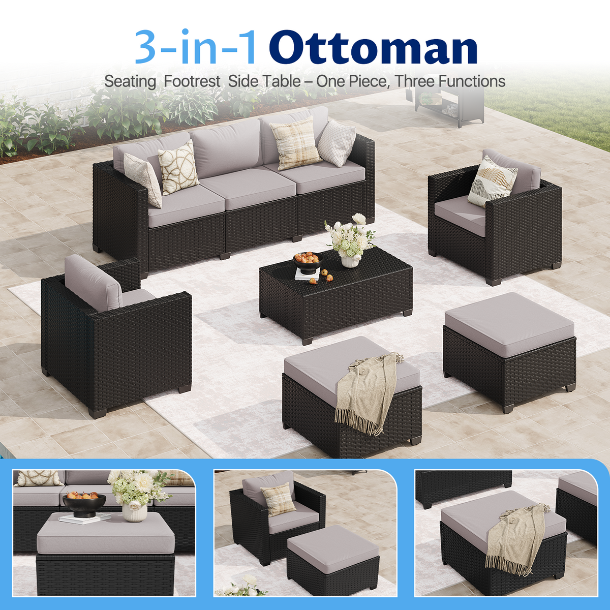 LazySunsets 6 Piece Outdoor Furniture Set, Rattan Wicker Outdoor Conversation Set Patio Furniture, Light Gray/Black
