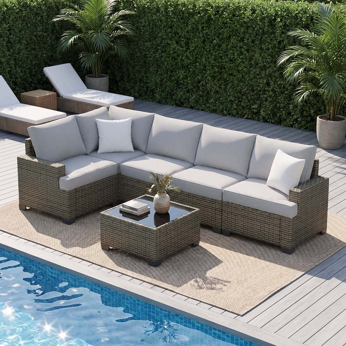 Clouddwell 6 Pieces Outdoor Patio Furniture Set, Rattan Wicker Sectional Chairs Sets with Table, Light Gray