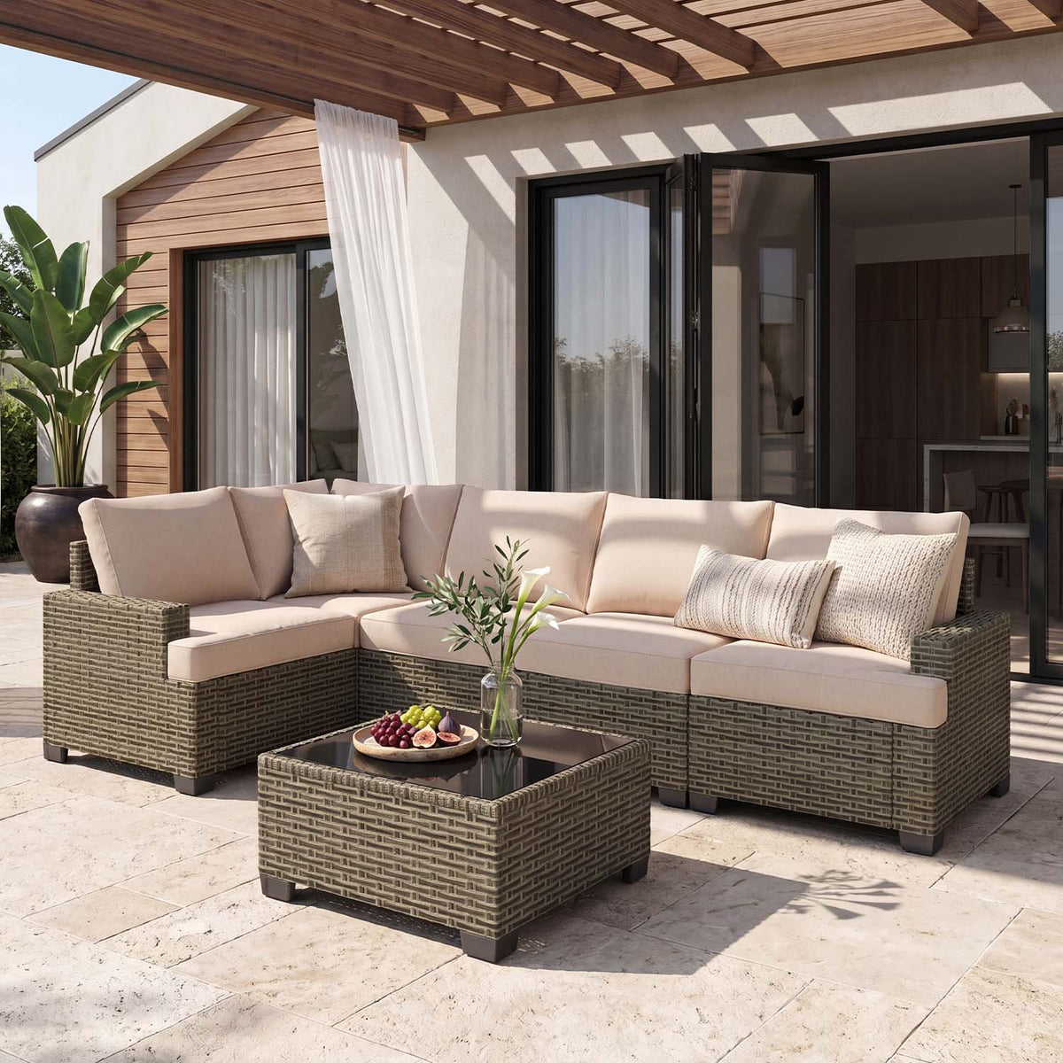 Clouddwell 6 Pieces Outdoor Patio Furniture Set, Rattan Wicker Sectional Chairs Sets with Table, Light Gray