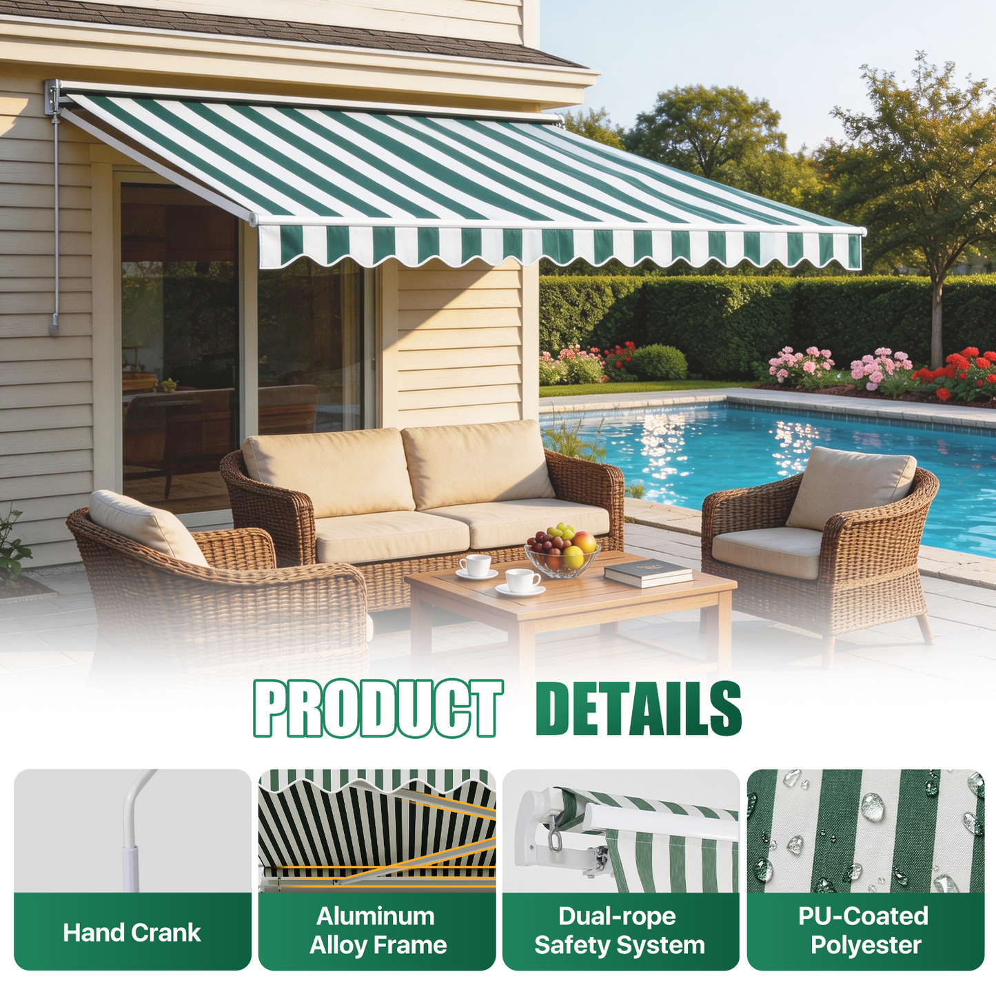 Sunmthink 12x10 FT Manual Retractable Awning, Waterproof Patio Sun Shade Canopy with Crank Handle, PA Coated Polyester for Backyard, Deck & Window, Green