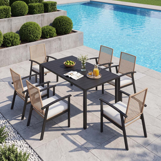 Clouddwell 7-Piece Outdoor Patio Dining Set, Wicker Chairs & Metal Table with Umbrella Hole, Patio Furniture Set for 6, with Soft Cushions for Backyard Garden