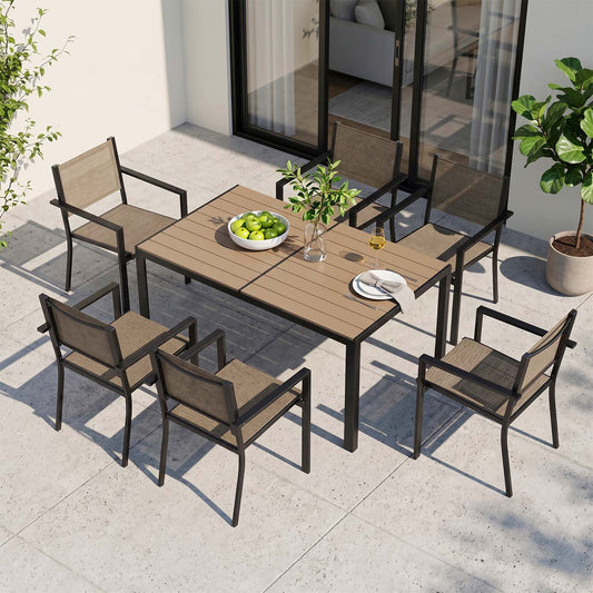 Clouddwell 7-Piece Outdoor Patio Dining Set 6‑Person, Heavy‑Duty Metal Frame Rectangular Table & Stackable Sling Chairs for Backyard Garden Deck, Warm Gray