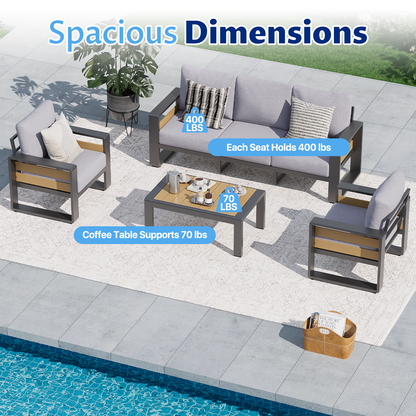 Clouddwell 4 Piece Aluminum Patio Furniture Set, 5-Seat Luxury Outdoor Sectional with 6" Olefin Fabric Cushions, Light Grey
