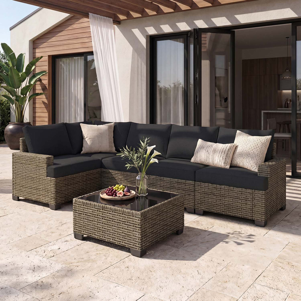 Clouddwell 6 Pieces Outdoor Patio Furniture Set, Rattan Wicker Sectional Chairs Sets with Table, Black