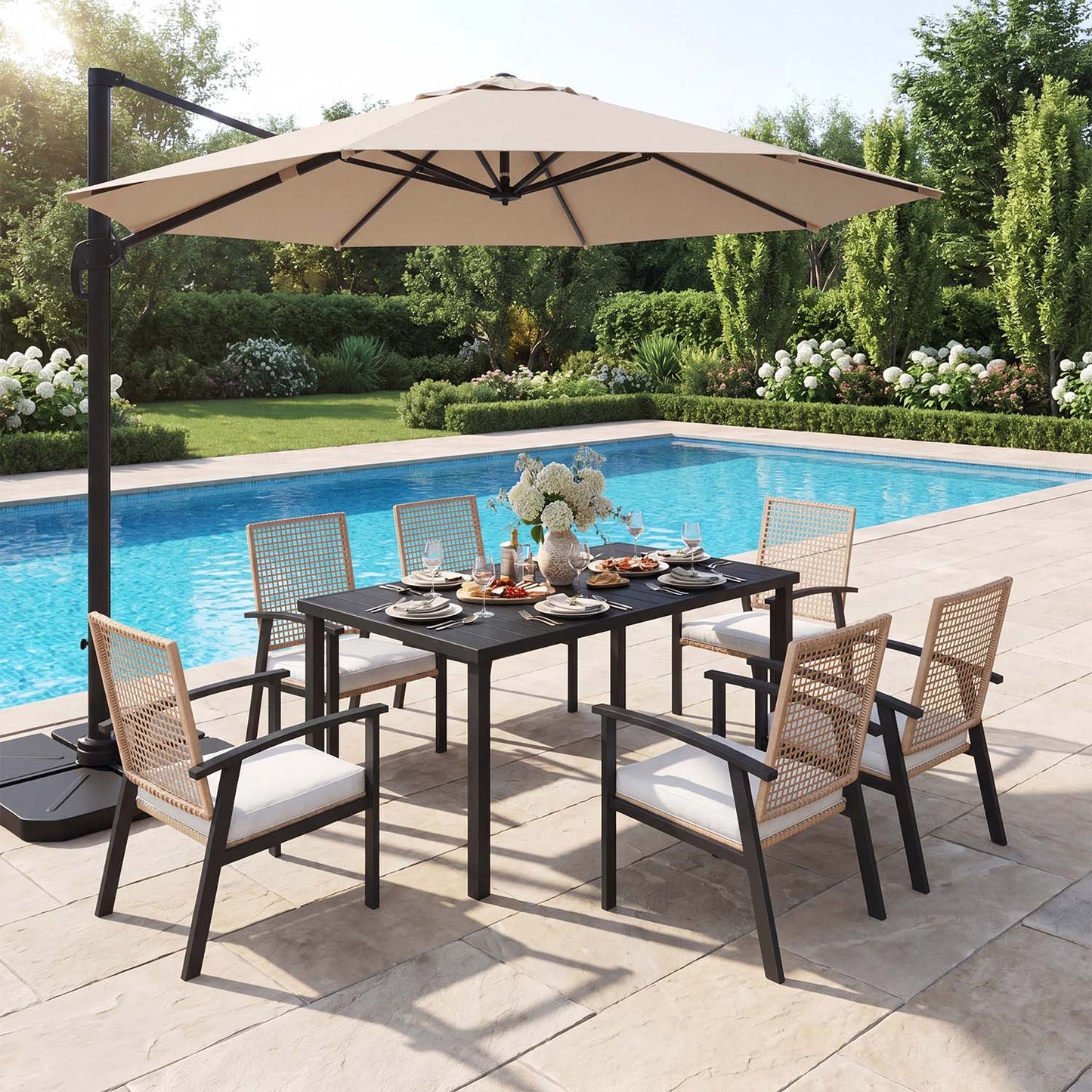 Clouddwell 7-Piece Outdoor Patio Dining Set, Wicker Chairs & Metal Table with Umbrella Hole, Patio Furniture Set for 6, with Soft Cushions for Backyard Garden
