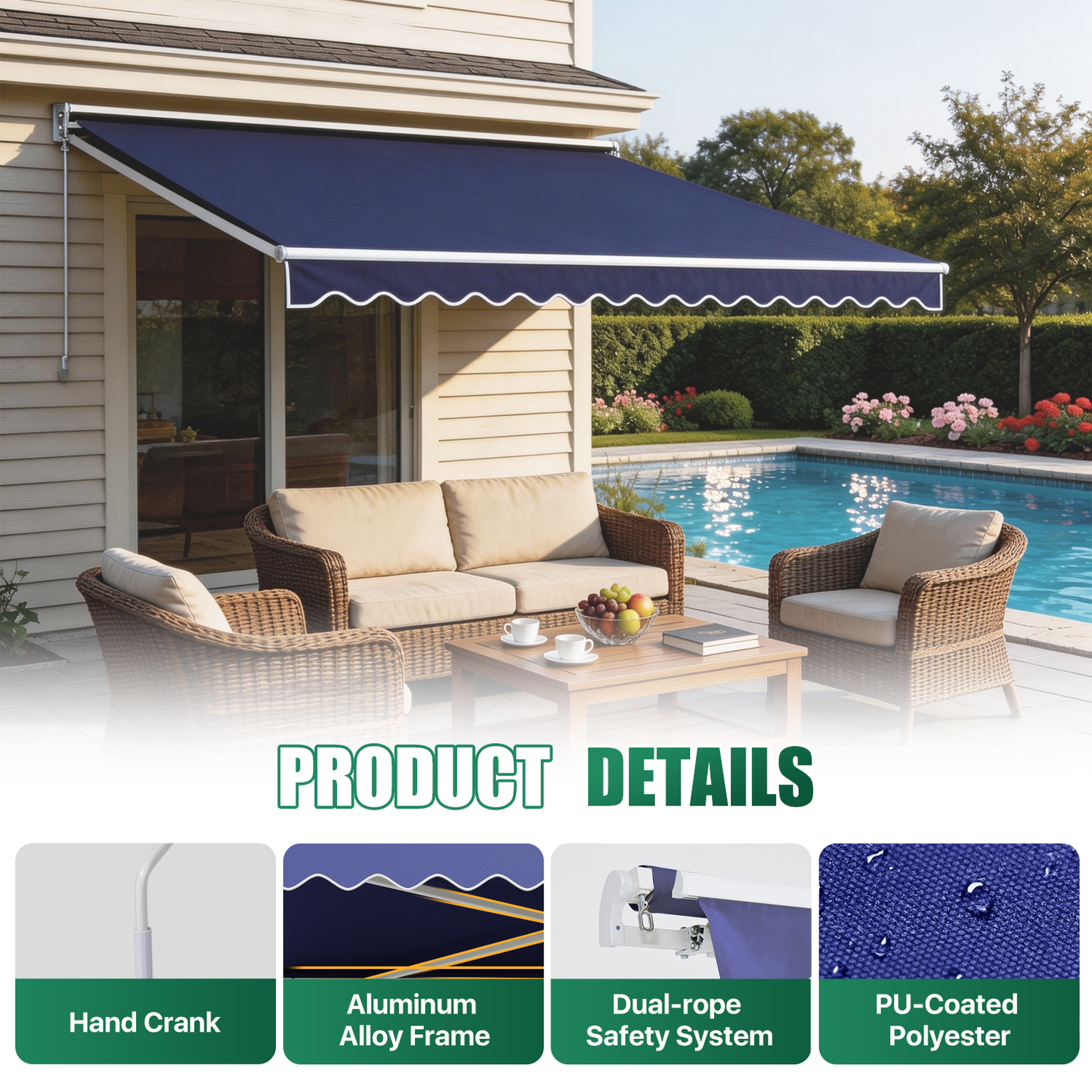 Sunmthink 12x10 FT Manual Retractable Awning, Waterproof Patio Sun Shade Canopy with Crank Handle, PA Coated Polyester for Backyard, Deck & Window, Bule