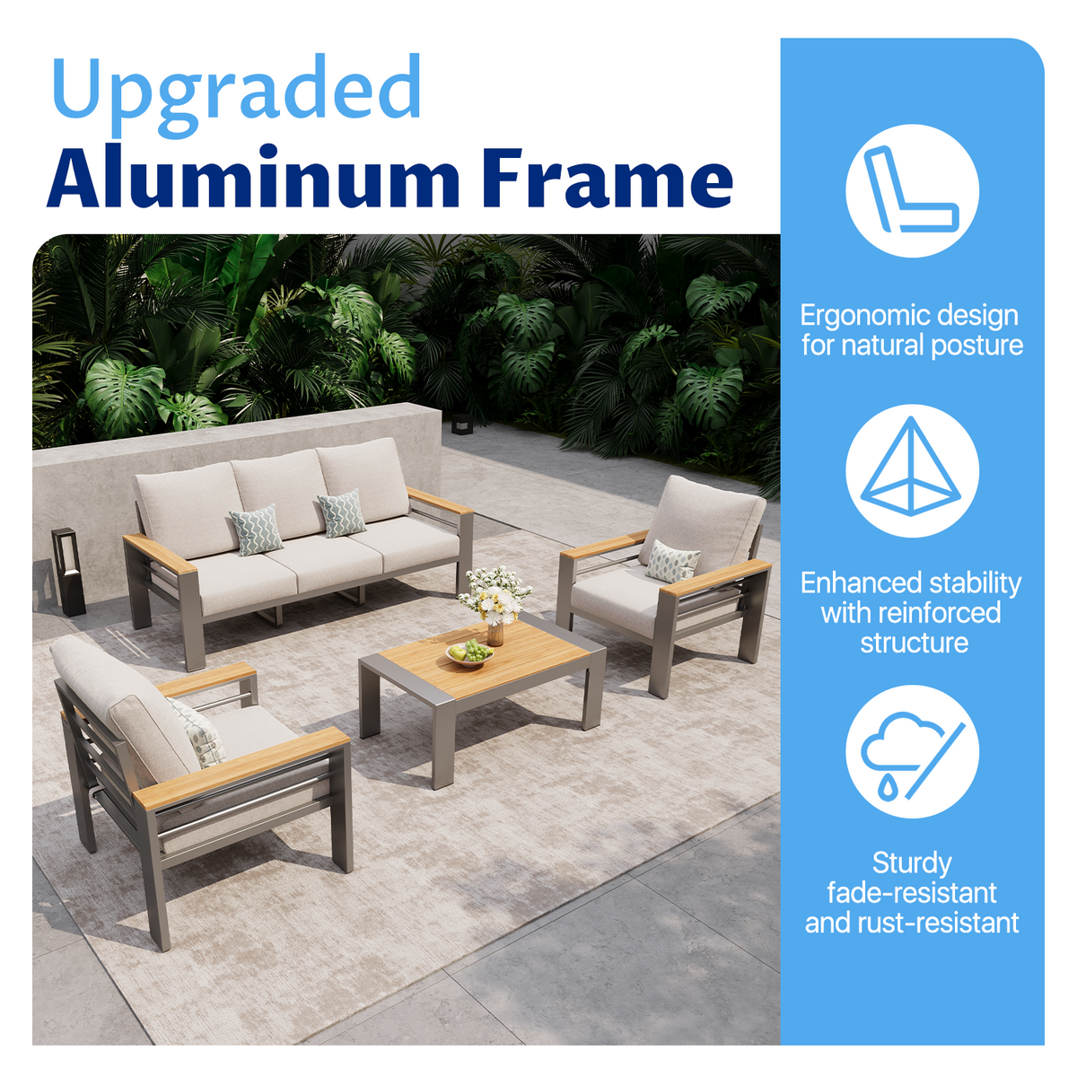LazySunsets 4 Piece Aluminum Patio Furniture Set, 5-Seat Oversized Outdoor Sectional, Light Gray