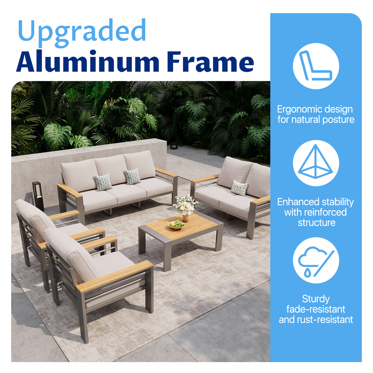LazySunsets 5 Piece Aluminum Patio Furniture Set, 7-Seat Oversized Outdoor Sectional, Light Gray