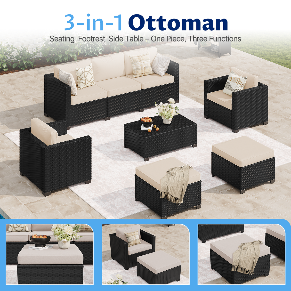 LazySunsets 6 Piece Outdoor Furniture Set, Rattan Wicker Outdoor Conversation Set Patio Furniture, Beige/Black