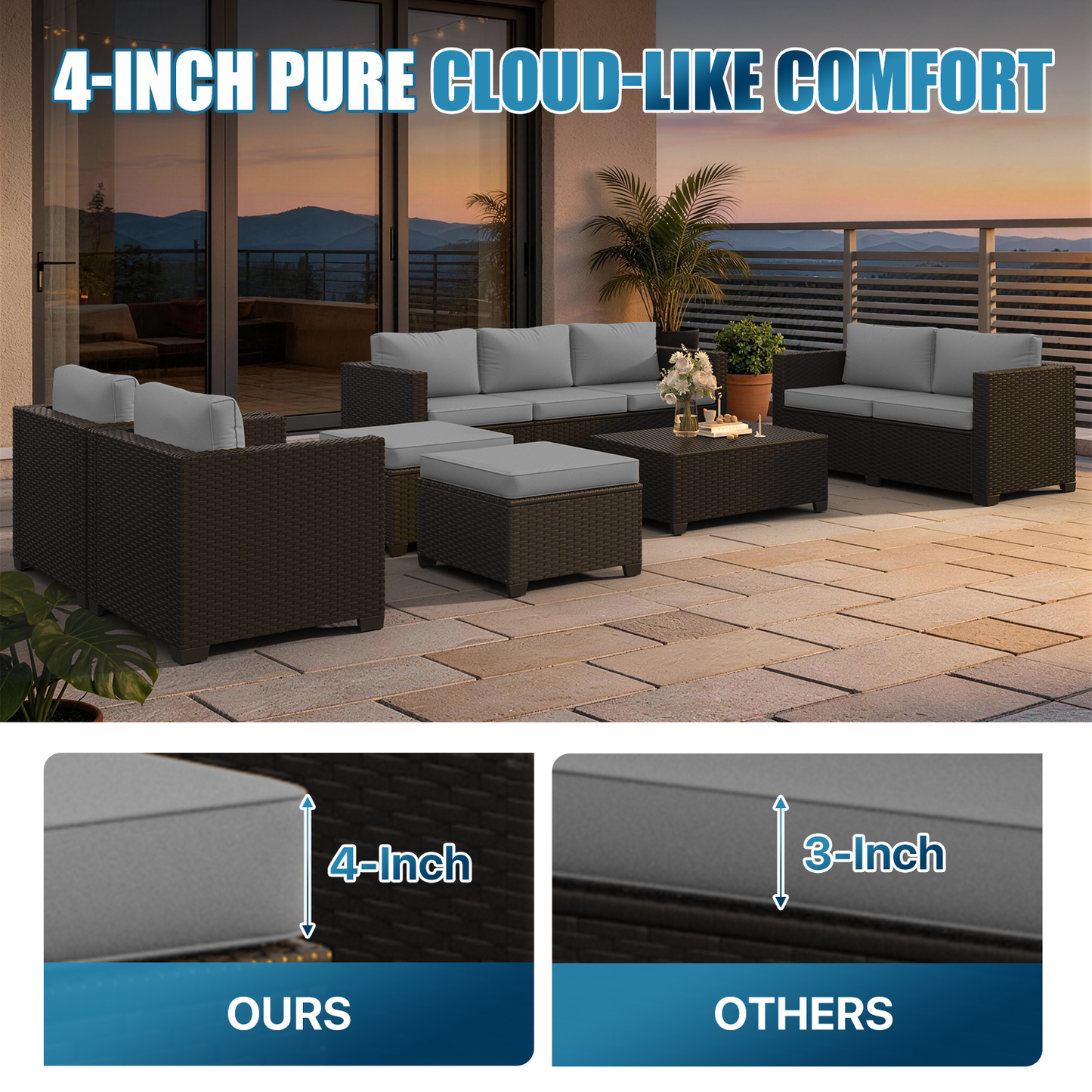 Sunmthink 10 Piece Patio Furniture Set, Rattan Wicker Patio Conversation Set Outdoor Furniture, Light Gray