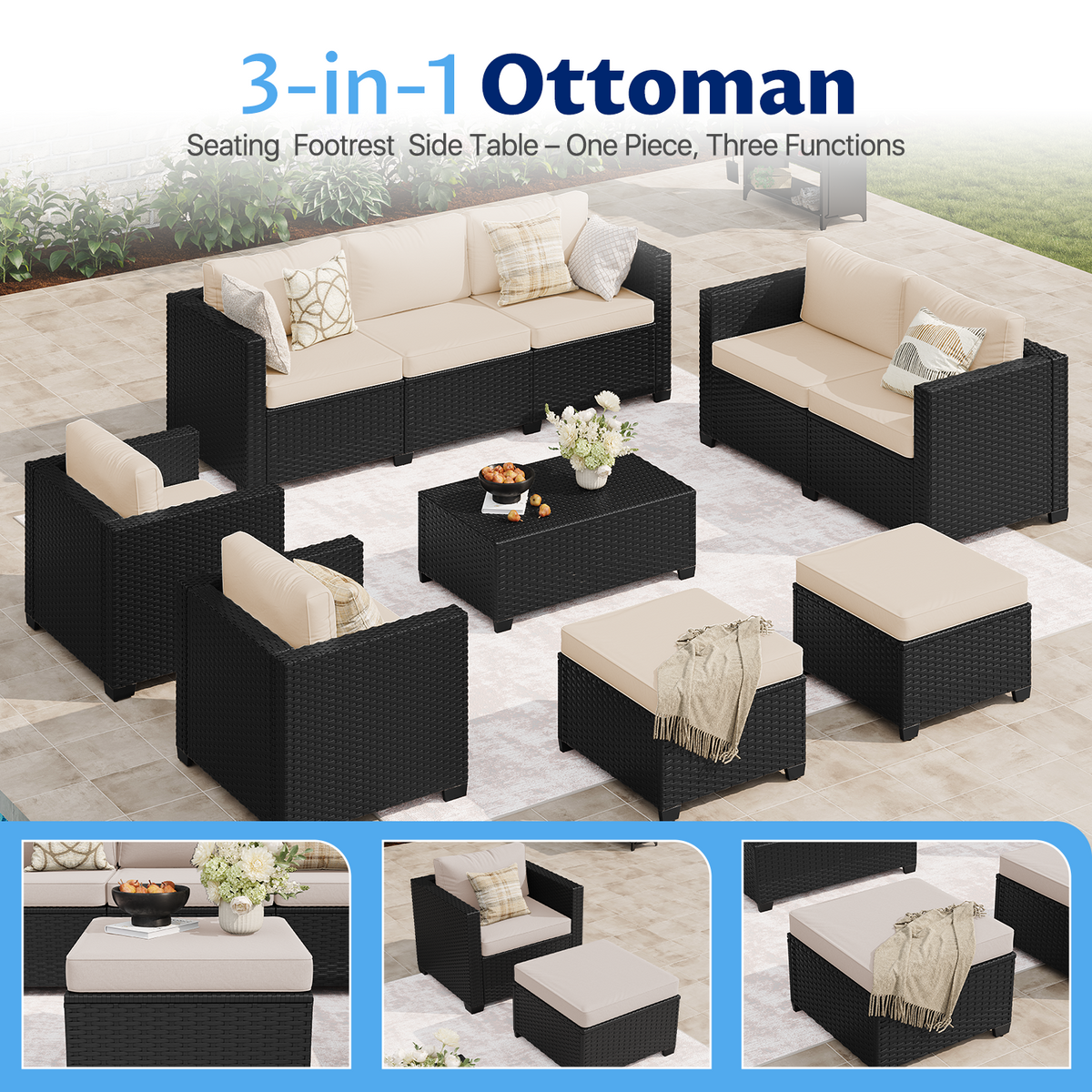 LazySunsets 7 Piece Outdoor Furniture Set, Rattan Wicker Outdoor Conversation Set Patio Furniture, Beige/Black