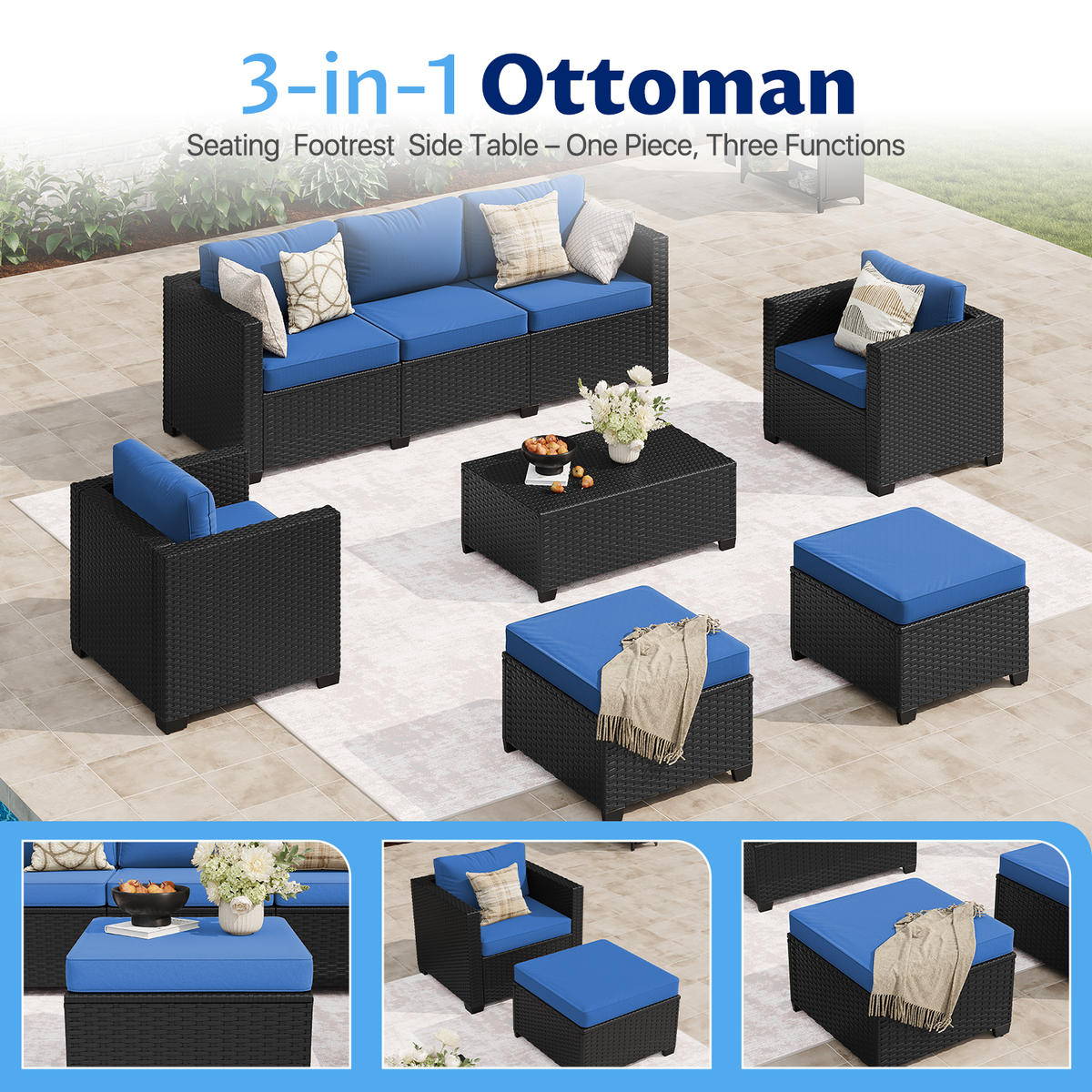 LazySunsets 6 Piece Outdoor Furniture Set, Rattan Wicker Outdoor Conversation Set Patio Furniture, Navy Blue/Black